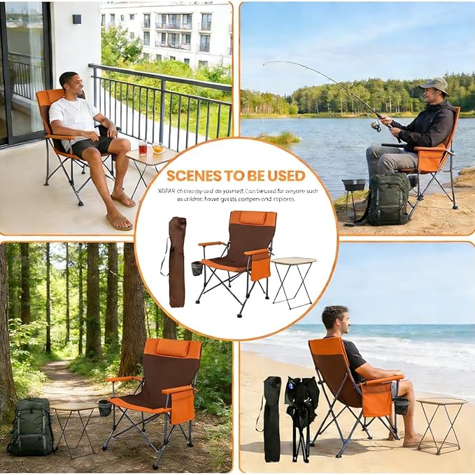 2 Pack Adjustable Folding Camping Chairs with Detachable Footrest and Headrest Lightweight and Portable Ideal for Hiking Travel Fishing and Outdoor Activities (Orange)