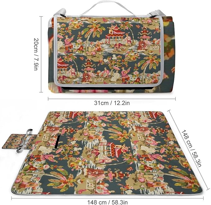 Chinese Style Powder Chinoiserie Blue and White Waterproof Outdoor Picnic Blanket Sandproof Beach Mat for Camping Hiking Grass Travelling