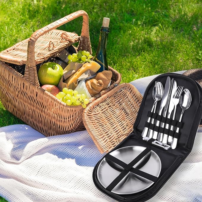 Outdoor Camping Silverware 10Pcs Set Stainless Steel Outdoor Camping Mess Kits Includes Forks Spoons Knives Fork Spoon Dish and Cap Opener Plates - Portable Cutlery Bag
