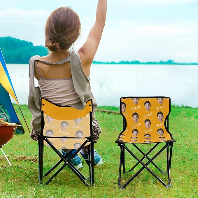 Sinestour Orange Custom Photo Folding Camping Chair for Teen Child Personalized Name 14.6×14.6in Portable Outdoor Chair with Carry Bag for Travel Picnic Barbeques