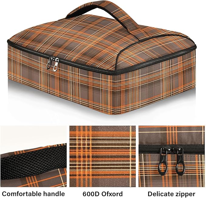 Casserole Carrier Orange and Brown Tartan Pattern Print Insulated Casserole Carrier for Hot or Cold Food Thermal Lunch Tote for Parties Picnic Travel Carry Bag