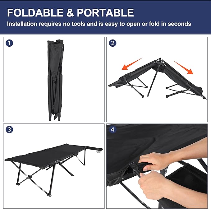 YSSOA Folding Camping Cot with Table for Adults Portable and Lightweight Sleeping Bed for Outdoor Traveling Hiking Easy to Set up Black