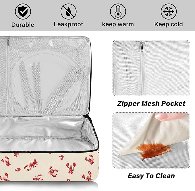 Casserole Carrier Red LobsterInsulated Casserole Carrier for Hot or Cold Food Thermal Lunch Tote for Potluck Parties Picnic Beach Fits 9 x 13 Inches Baking Dish