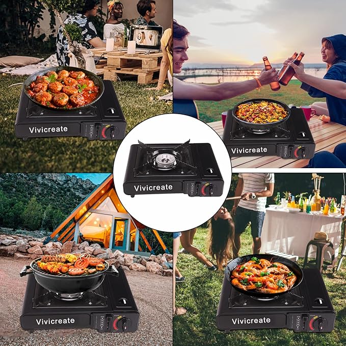 Vivicreate 8500 BTU Portable Butane Gas Stove for Camping Cooking Outdoor Lightweight Portable Stove Burner with Auto Ignition Estufa de Gas Portátil para Camping al Aire Libre(Black)