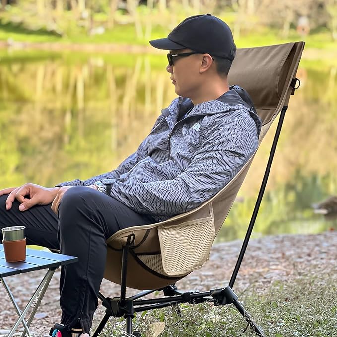 MellowCamp High Back Camping Chair Oversized Comfort Design Collapsible Camp Chair with Pillow (Brown)