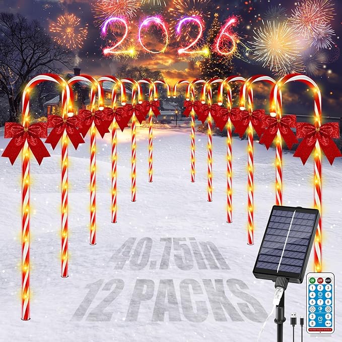 40in Christmas Solar Candy Cane Pathway Lights 12Pcs 120 LED Solar Outdoor Christmas Decorations with Red Bow Waterproof 8 Modes Timer Remote Walkway Garden Light for Xmas Yard Lawn Patio Decor
