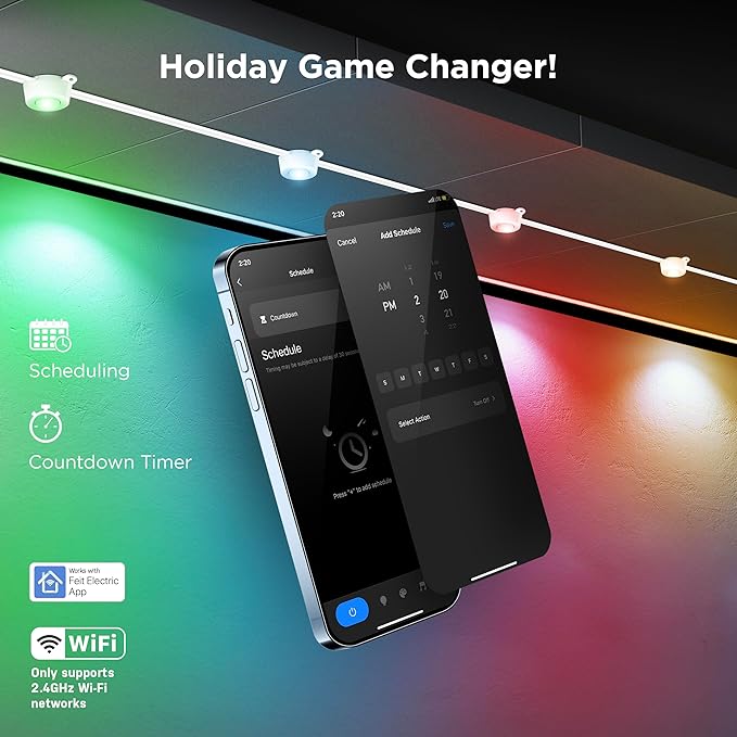 Feit Electric Permanent Outdoor Lights Smart String Lights 100FT LED Lights 2.4GHz WiFi-Enabled Under Eaves Light Works with Alexa and Google Asst App Control Weatherproof SL100-60/RGBTW/AG