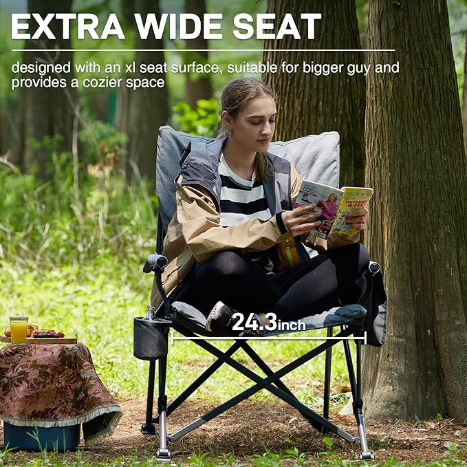 EVER ADVANCED Padded Oversized Folding Camping Chair for Adults Heavy Duty Lawn Chair with Side Pockets Portable Collapsible Quad Chair for Outside Support Up to 500lbs Grey