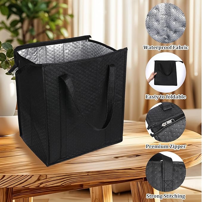 6 Pcs Insulated Shopping Bags For Groceries Large Reusable Cooler Bags Thermal Totes With Zippered Top For Hot Cold Food Delivery Refrigerator Pizza(Black)