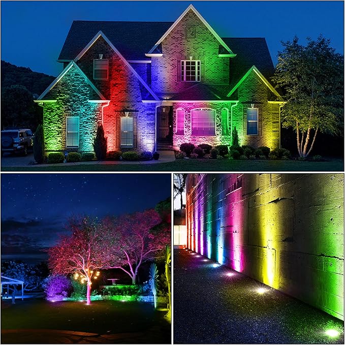 Junview Low Voltage Landscape Lights 10W RGBW Warm White LED Well Landscape Lighting Remote Control IP67 Waterproof Outdoor 12V-24V Pathway Deck Ground Lights(10Pack with Connectors)