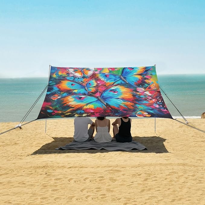 Camping Sun Shelters Bright Color Butterflies Painting Beach Canopy 126 * 110.2in