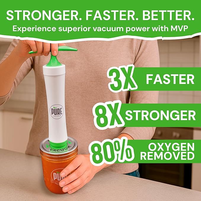 PURE MVP Mason Jar Vacuum Sealer Kit | 3X Faster &amp 8X the Vacuum of Electric | Premium Handheld High-Suction Vacuum Sealer for Jars | Perfect Seal for Juice Smoothies Food for Maximum Freshness