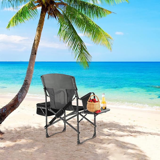 Giantex 2 PCS Camping Chairs Folding Directors Chair with Side Table Pocket Cooler Bag Shoulder Strap Handle Support 400 Lbs Lawn Chair Artist Chair for Makeup Fishing Picnic Black