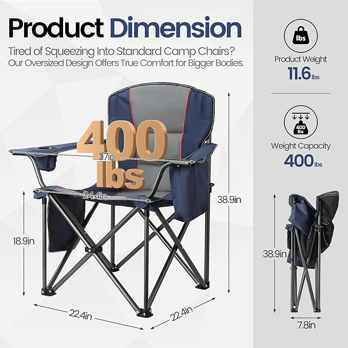2 Pack Heavy Duty Oversized Camping Chair for Adults 400lbs w/Lumbar Support - Folding Chairs with Side Pocket Cup Holder &amp Cooler Bag for Beach Fishing Lawn Backyard Navy Blue
