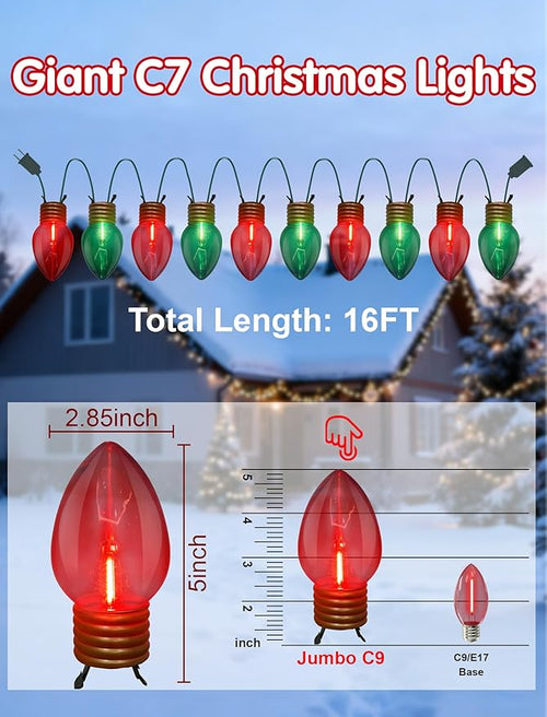 16FT Jumbo Red and Greeen Christmas LightsOutdoor Giant Christmas Decorations Lights with 10 LED Clear Red and Greeen Bulbs for Tree Holiday Home Roof Yard Garden Decorations