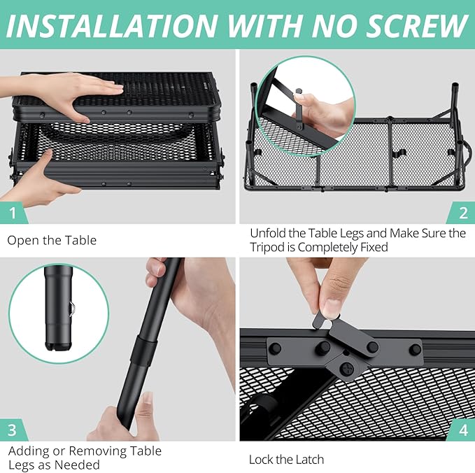 VINTEAM Folding Grill Table with Mesh Top 3 Adjustable Heights Lightweight Portable Camping Table Black Aluminum Alloy BBQ Picnic Table for Outdoor Cooking Tailgating Beach RV &amp Backyard