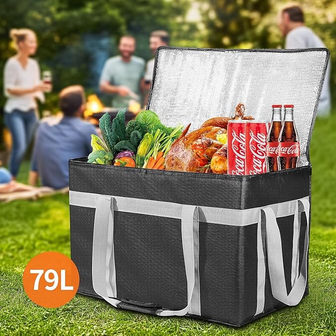 XXXL 2 Pack Insulated Food Delivery Bag with Removable Hard Bottom Reusable Insulated Grocery Bag for Hot and Cold Food Catering Cooler for Doordash Warmers Parties (Black+Red)