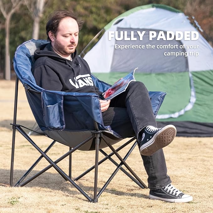 Oversized Camping Chair with Cup Holder &amp Carry Bag - 500lbs Heavy Duty Moon Saucer Chair for Outdoor Lawn Sports Patio - Padded Folding Sofa Chair Light Blue &amp Gray