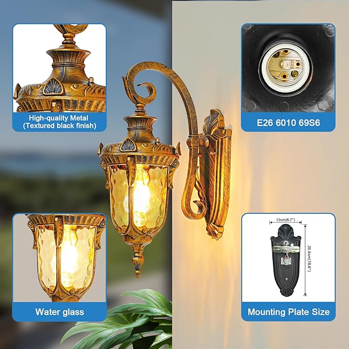 Outdoor Wall Lights Waterproof Aluminum Porch Wall Light for Outside House Patio Yard Garden Gold Gooseneck Exterior Wall Sconce Hardwired Outdoor Acorn Shape Lantern Water Ripple Glass 2pack