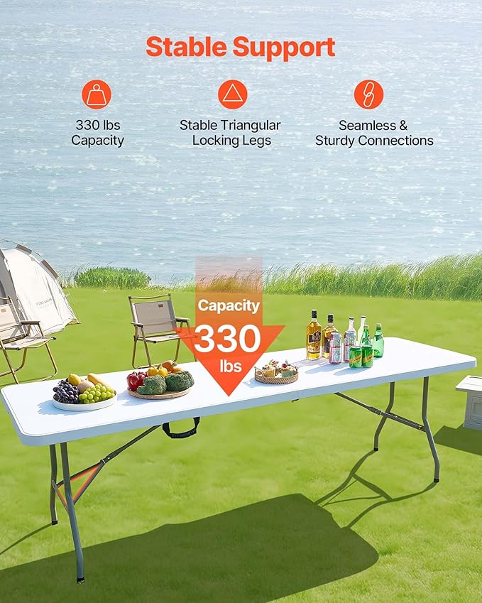 VEVOR Folding Table Heavy Duty Portable Fold-in-Half Utility Table Indoor Outdoor Plastic Rectangle Table with Built in Handle for Party Dining Wedding Events Picnic Camping 8 ft White