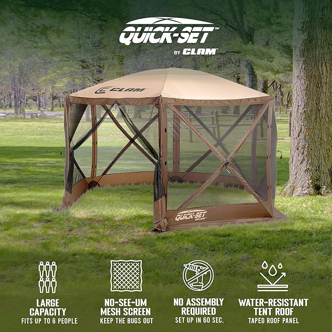 CLAM Pop Up Screen Tent Outdoor Camping Gazebo Canopy Escape 11.5' Brown - Heavy-Duty Portable Screened Shelter with Netting for Beach Patio and Backyard
