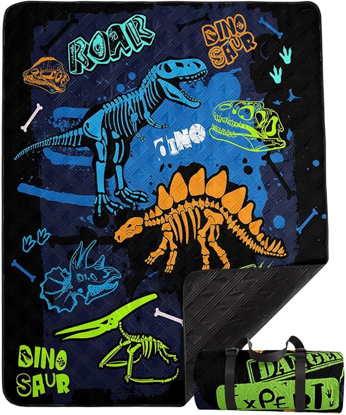 Outdoor Picnic Blanket Portable Ultrasonic Waterproof Picnic Dinosaur Theme Cartoon Printed Camping Beach Mat for Sand and Wet Grass Hiking (Dinosaur L