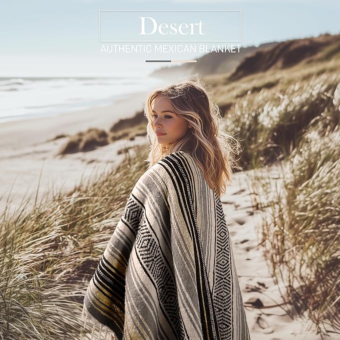 Hydration Nation Authentic Large Handwoven Mexican Blanket - Soft Yoga- Durable Serape- Lightweight Falsa Beach Camping Picnic Outdoor Blanket 70x50 - Desert