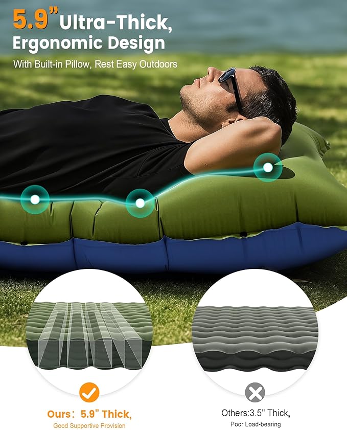 Camping Sleeping Pad5.9 Inch Thick Camping Mat with Built in Pillow and Foot PumpSelf Inflating Sleeping Pad for Camping Backpacking（Green