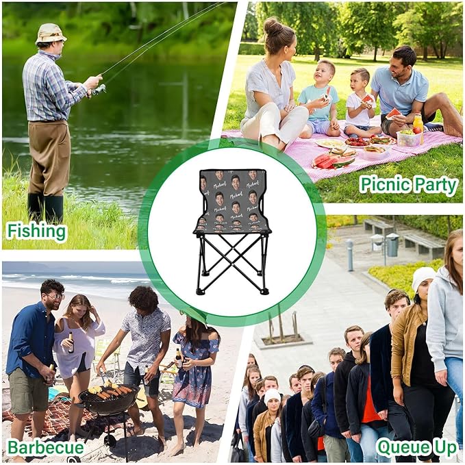Sinestour Dark Gray Custom Photo Folding Camping Chair for Teen Child Personalized Name 14.6×14.6in Portable Outdoor Chair with Carry Bag for Picnic Barbeques Beach