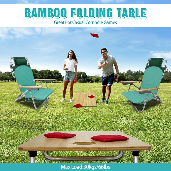 Folding Backpack Beach Chair 2 Pack for Adults &amp Teens Aluminum 5-Position Lay Flat Lounge Chair with Camping Bamboo Table 200LBS Beach Reclining Chair Outdoor with Cooler Bag Green