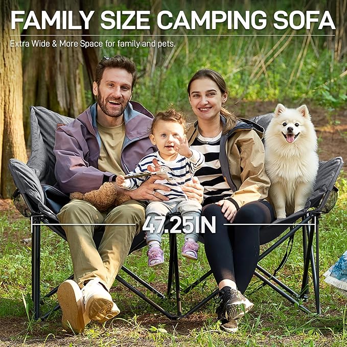 EVER ADVANCED Extra Large Double Camping Chair for Adults Family Size Padded Folding Camping Love Seat Bench with Side Pocket Portable Camping Couch Two Person Heavy Duty Folding Outdoor Chair