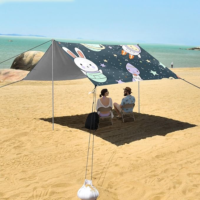 Space Rabbit Cute Alien Spaceship Little Stars Camping Sun Shelter Beach Tent Portable Beach Sun Shade Outdoor Canopy for Camping Trips Fishing Picnic