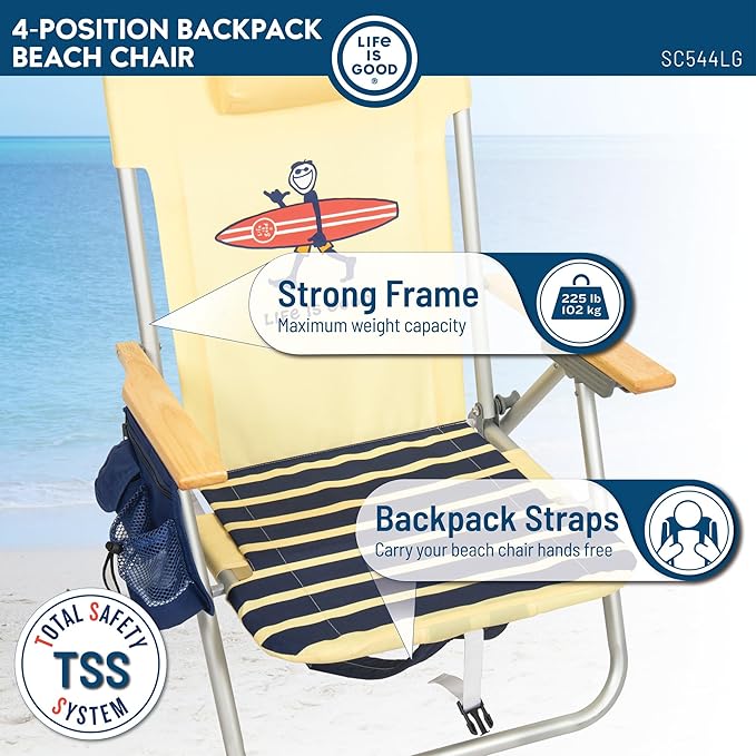 Life is Good 2-Pack 4-Position Aluminum Backpack Beach Chairs Portable Folding Camp Chairs with Carrying Straps for Camping Beach Tailgating Multi Color