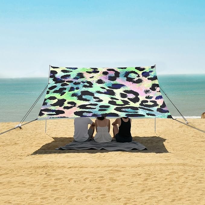Bolaz Beach Canopy Tent Sun Shade9'×10.5' Large Family Beach Shade UPF50+- Outdoor Shade for Camping Trips FishingColorful Leopard Pattern