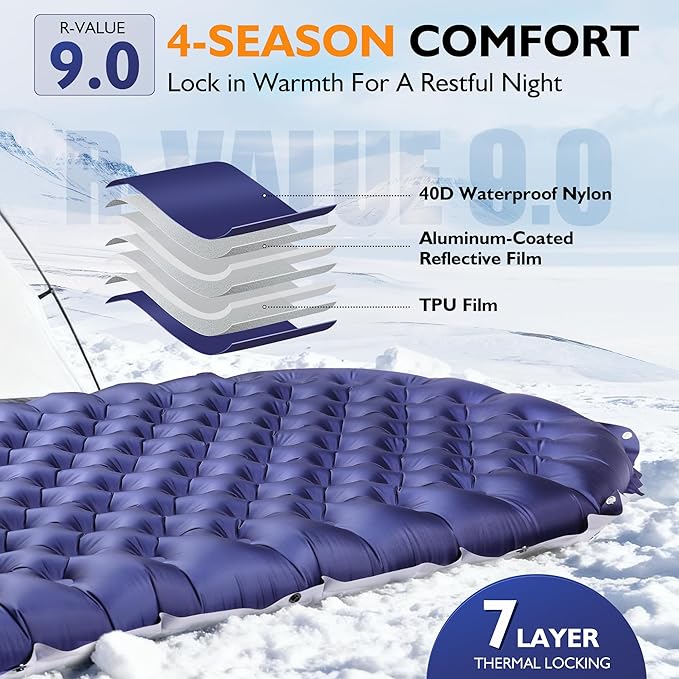 TOBTOS Camping Sleeping Pad with 9.0 R-Value 4 Thick Inflatable Camping Mattress for All Season Compact Insulated Sleeping Mat for Backpacking &amp Hiking (Mummy)