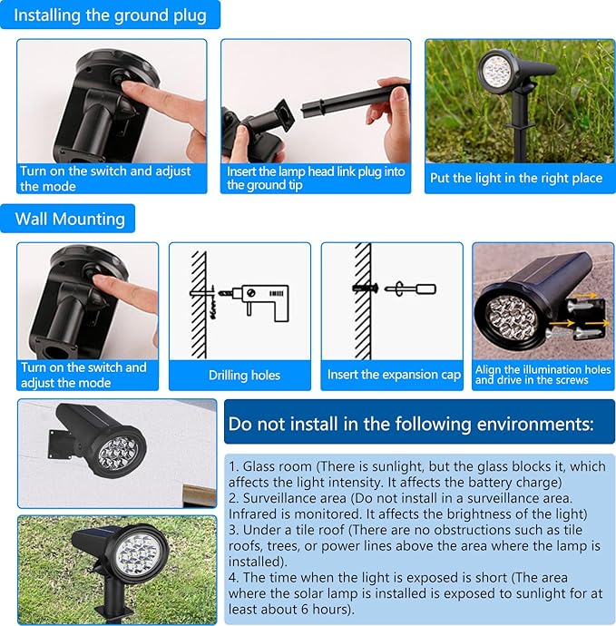 Solar Lights Outdoor Waterproof IP683 Lighting ModesSolar Spot Lights OutdoorDark Sensing Auto On/Off Solar Powered Garden Yard Spot Solar Lights for Outside Landscape (Cool White 4 Pack)