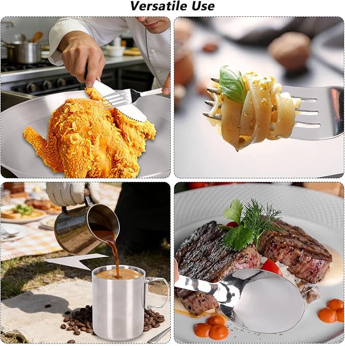 Portable Stainless Steel Camping Mess Kit Tableware Set Double Layer Cup Thickened Bowl Plate Knife Fork Spoon Utensil Combo with Organizer Bag for Camping Picnic Beach