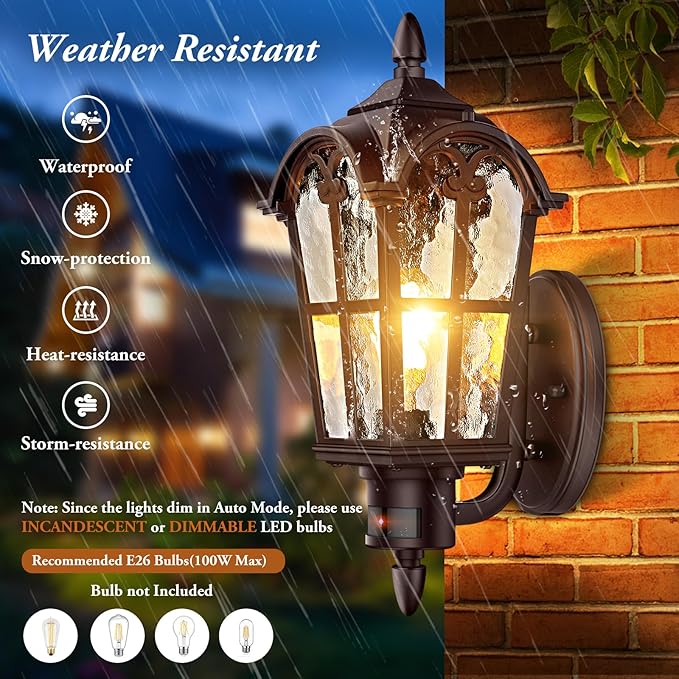 16in 2-Pack Large Motion Sensor Outdoor Wall Lights Dusk to Dawn Porch Lights Wall Mount Vintage Exterior Light Fixtures Sconces Lighting Brown Wall Lanterns Outside Lights for House Front Door