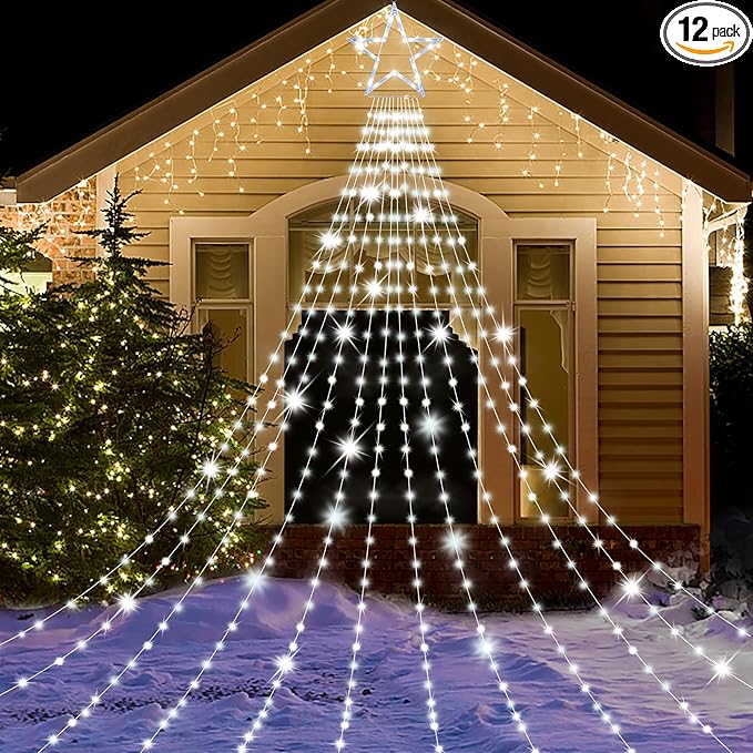 Onory Christmas Outdoor Star String Lights 23FT 860 LED Waterproof Waterfall Tree Lights with Star Topper 8 Modes Christmas Decorations Outdoor Tree Lights for Patio Yard Party Holiday Dec