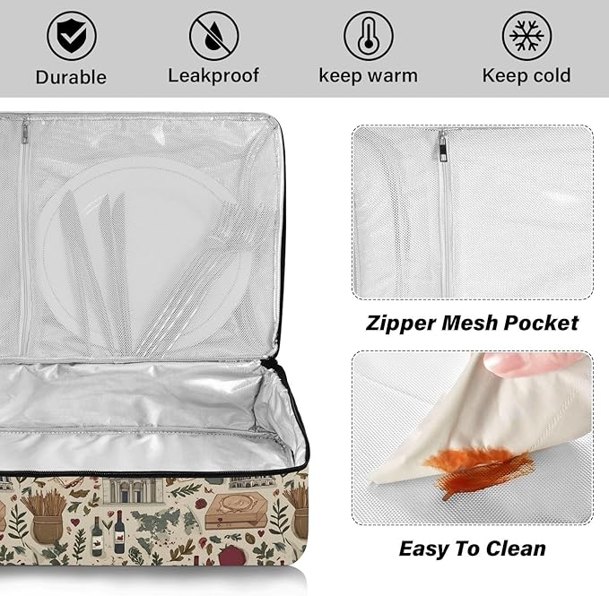 Casserole Carrier Patterns Retro Italian Lifestyle ElementsInsulated Casserole Carrier for Hot or Cold Food Thermal Lunch Tote for Potluck Parties Picnic Fits 9 x 13 Inches Baking Dish