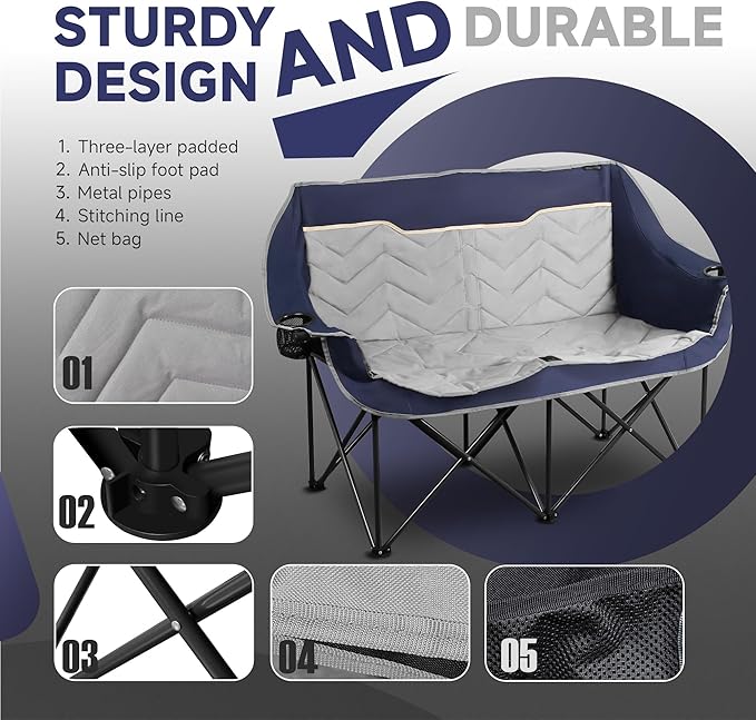 Double Camping Chair Padded Loveseat Camping Couch Oversized 2 Person Camp Chairs with Carry BagHeavy Duty Folding Lawn Chair for Adults Portable Outdoor Folding Sofa for Patio Backyard Blue