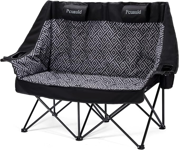 High Back Double Camping Chair Padded Folding Loveseat with Adjustable Pillows Heavy Duty 2 Person Camping Lawn Chairs for Adults with Cup Holders &amp Wine Racks for Outdoor Sports Beach Fishing