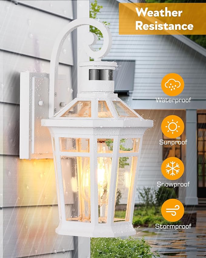 Motion Sensor Outdoor Wall Lantern White Outdoor Lighting Fixtures Wall Mount Dusk to Dawn Exterior Sconce Lights with Beveled Glass Waterproof Exterior Front Porch Lights for Garage Coach