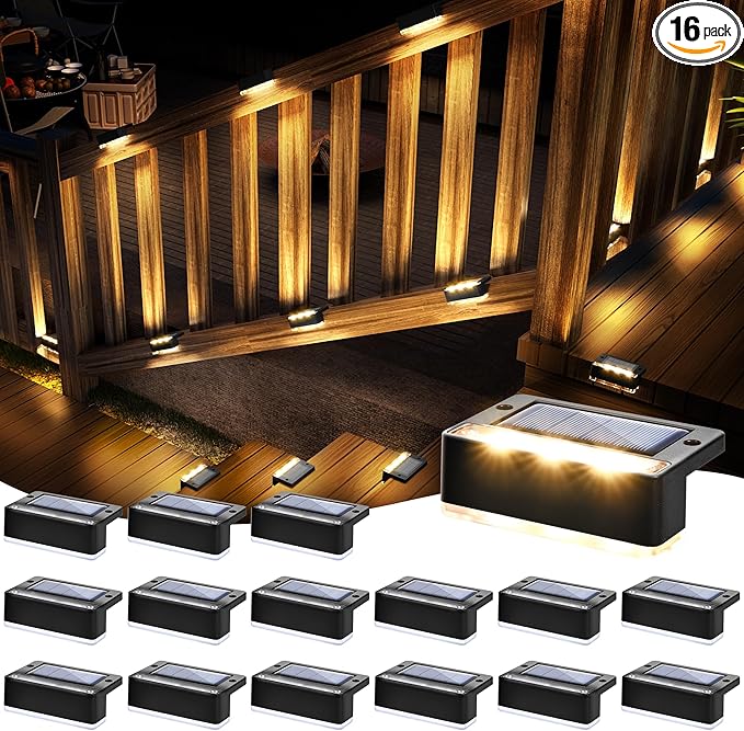 SOLPEX Solar Fence Lights Solar Deck Lights Outdoor Waterproof Solar Powered for Step Stair BalconyFront PorchGarden WalkwayYard Patio Decor IP65 Waterproof (16 Pack Warm White) 6 LEDs