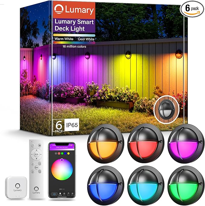 Lumary 12-24V Smart Low Voltage Deck Lights with Hub 4Inch RGB+CCT Outdoor Privacy Fence Lights IP65 Waterproof Landscape Lighting for Step Deck Patio Compatible with Alexa &amp Google 6Pack