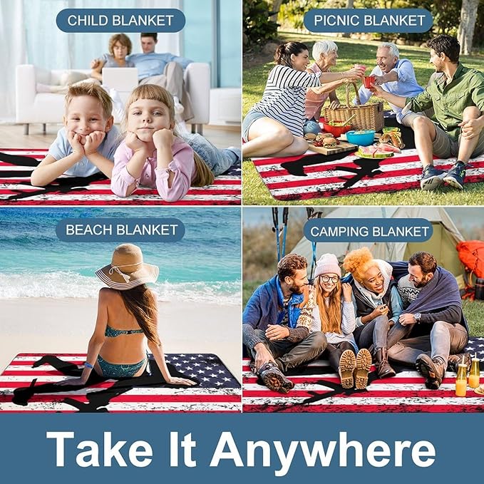 Vintage Bigfoot Sasquatch Monsters American Flag Waterproof Outdoor Picnic Blanket Sandproof Beach Mat for Camping Hiking Grass Travelling