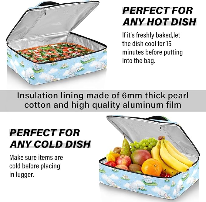 Casserole Carrier Cute Elephants PrintInsulated Casserole Carrier for Hot or Cold Food Thermal Lunch Tote for Potluck Parties Picnic Beach Fits 9 x 13 Inches Baking Dish