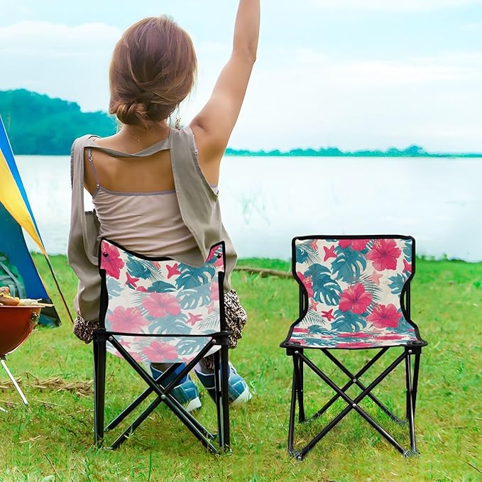 KLL Tropical Leaves Red Hibiscus Flowers Starfish Hawaiian Packable Beach Chairs Ultra-Lightweight Compact Folding Chair with Carrying Bag Outdoor Chairs for Outdoor Ice Fishing