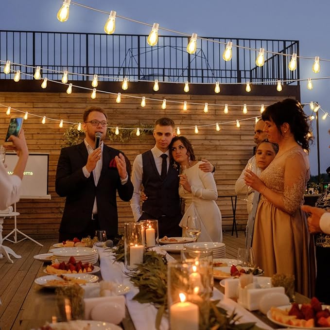 192FT(2x96FT) LED Outdoor String Lights Linkable Patio Light with 60+3 2700K Waterproof Dimmable Hanging Bulbs for Pergola Cafe Wedding-White