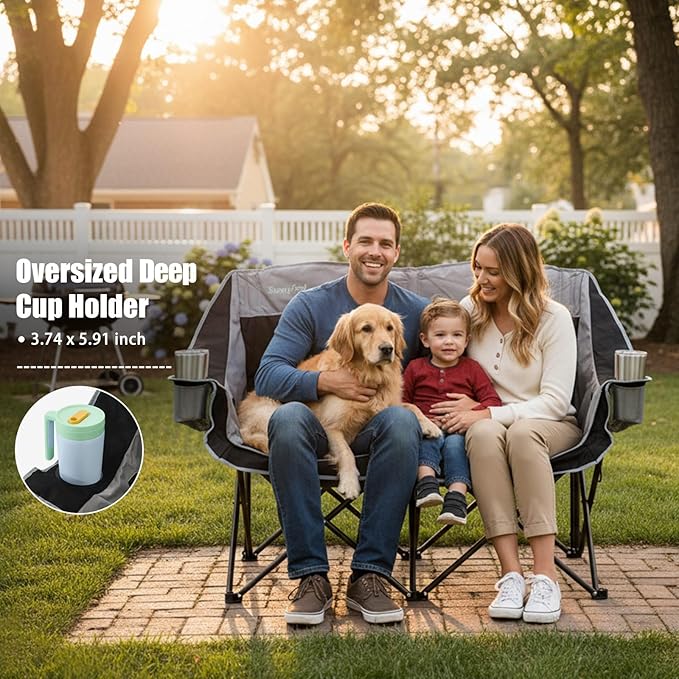 SUNNYFEEL Heated Double Camping Chairs Padded Loveseat Chair for 2 Person Heavy Duty Oversized Camping Couch 600lbs for Adults Portable Outdoor Lawn Chair with Cup Holder for Outdoor Patio RV Camping